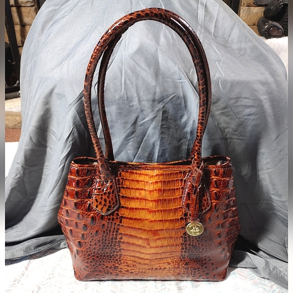 Brahmin Melbourne Medium Julian Tote Bag pecan embossed croc pattern